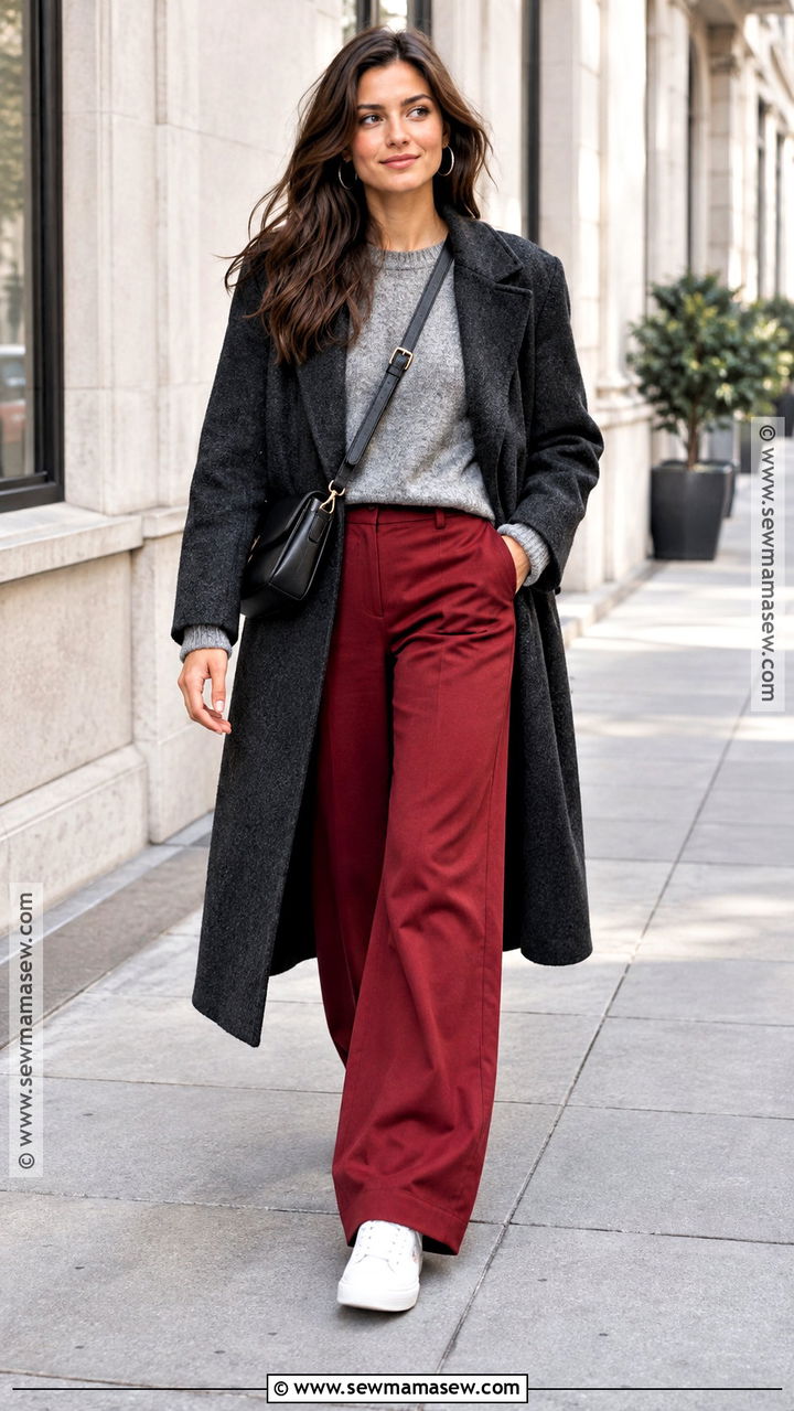 Red Trousers With Gray Knit And Sneakers - 20 fall outfits trousers