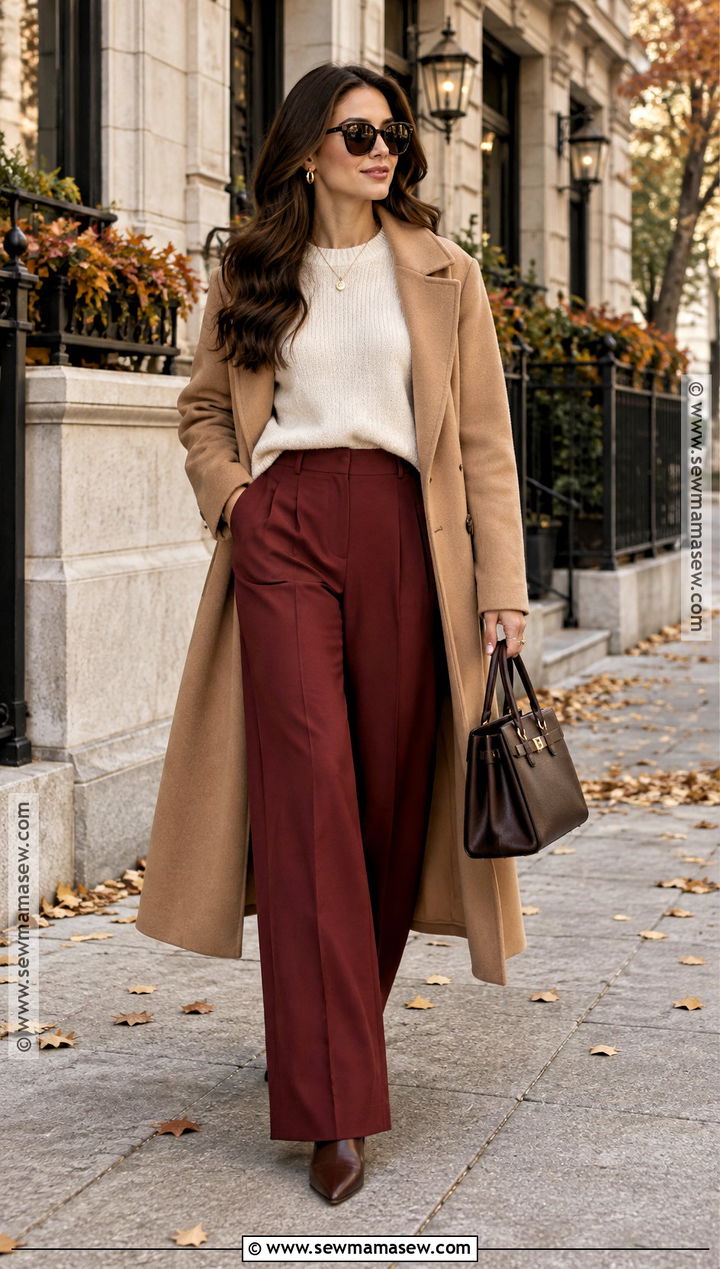 Red Trousers With Neutral Knit - 15 Fall Outfits 2026 Trousers