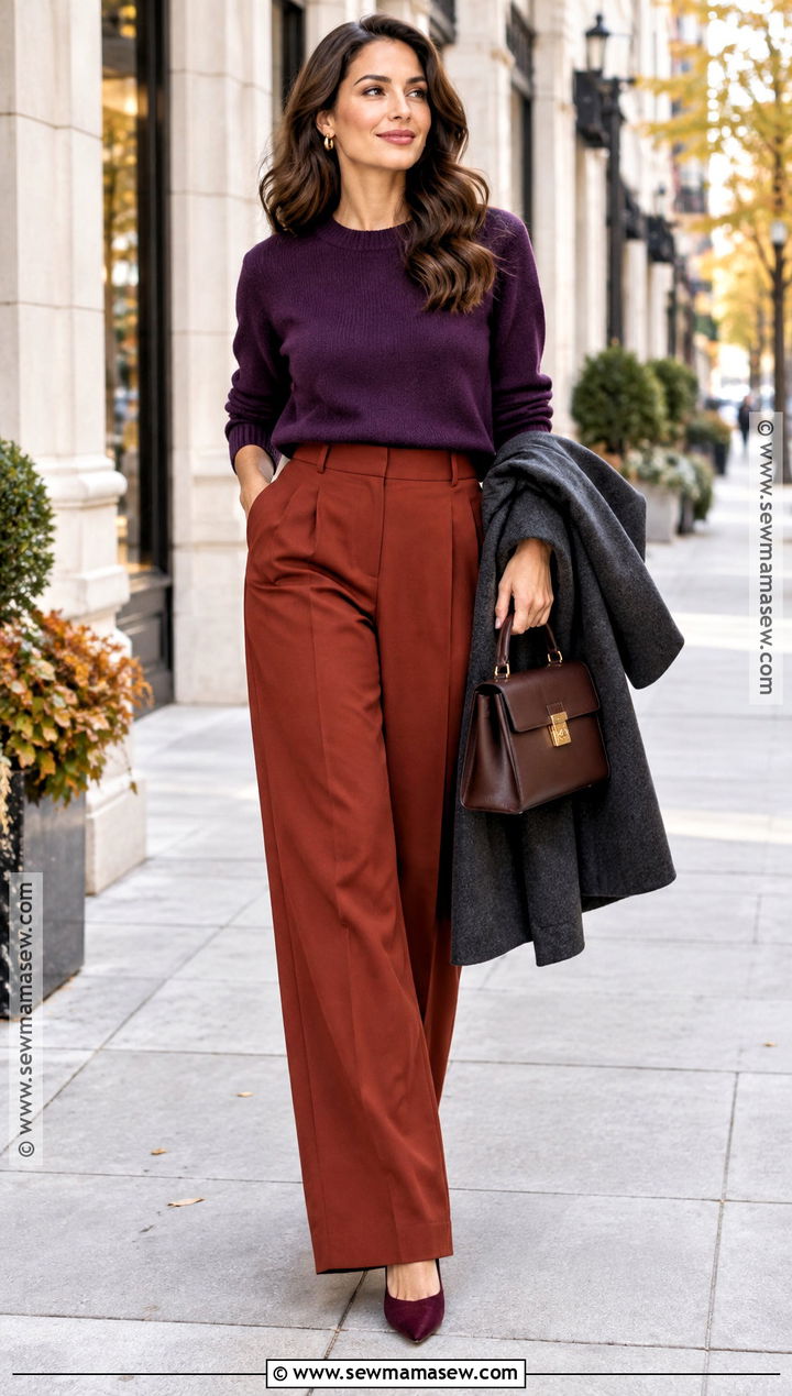 Red Trousers With Purple Sweater And Pumps - 20 fall pants outfit