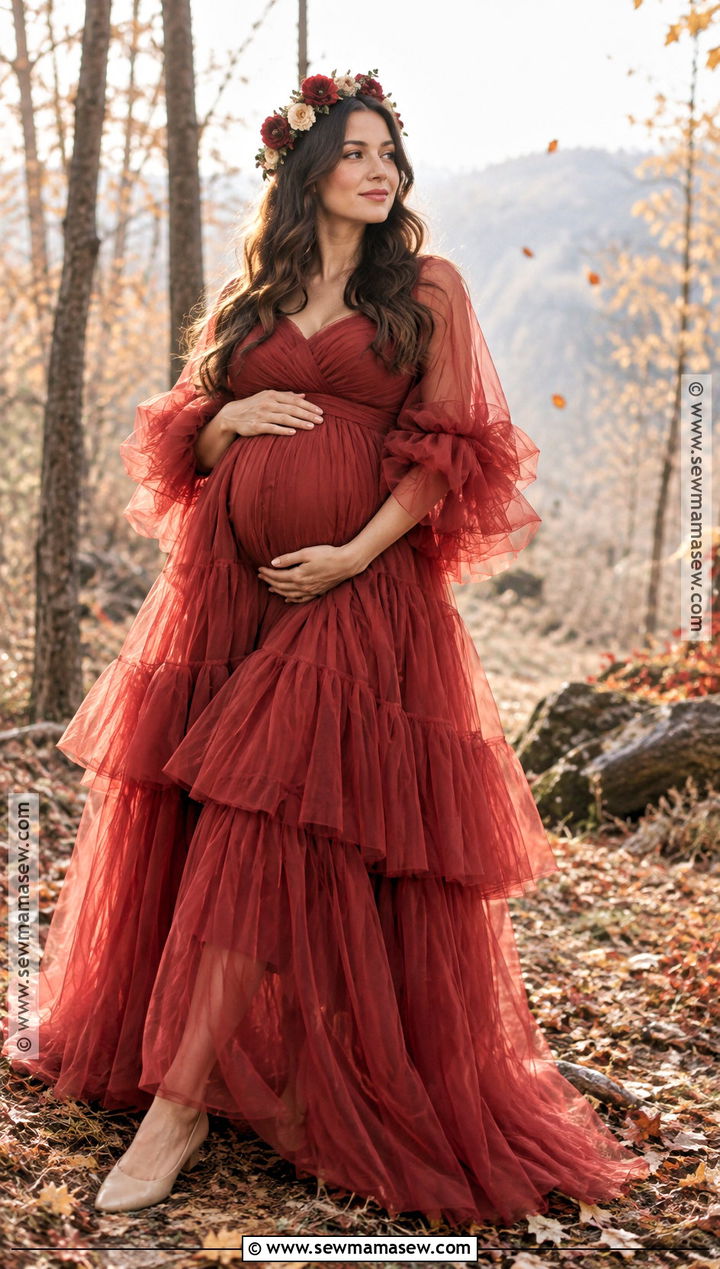 Red Tulle Maternity Gown With A Floral Headband - 15 fall maternity photos red dress ideas