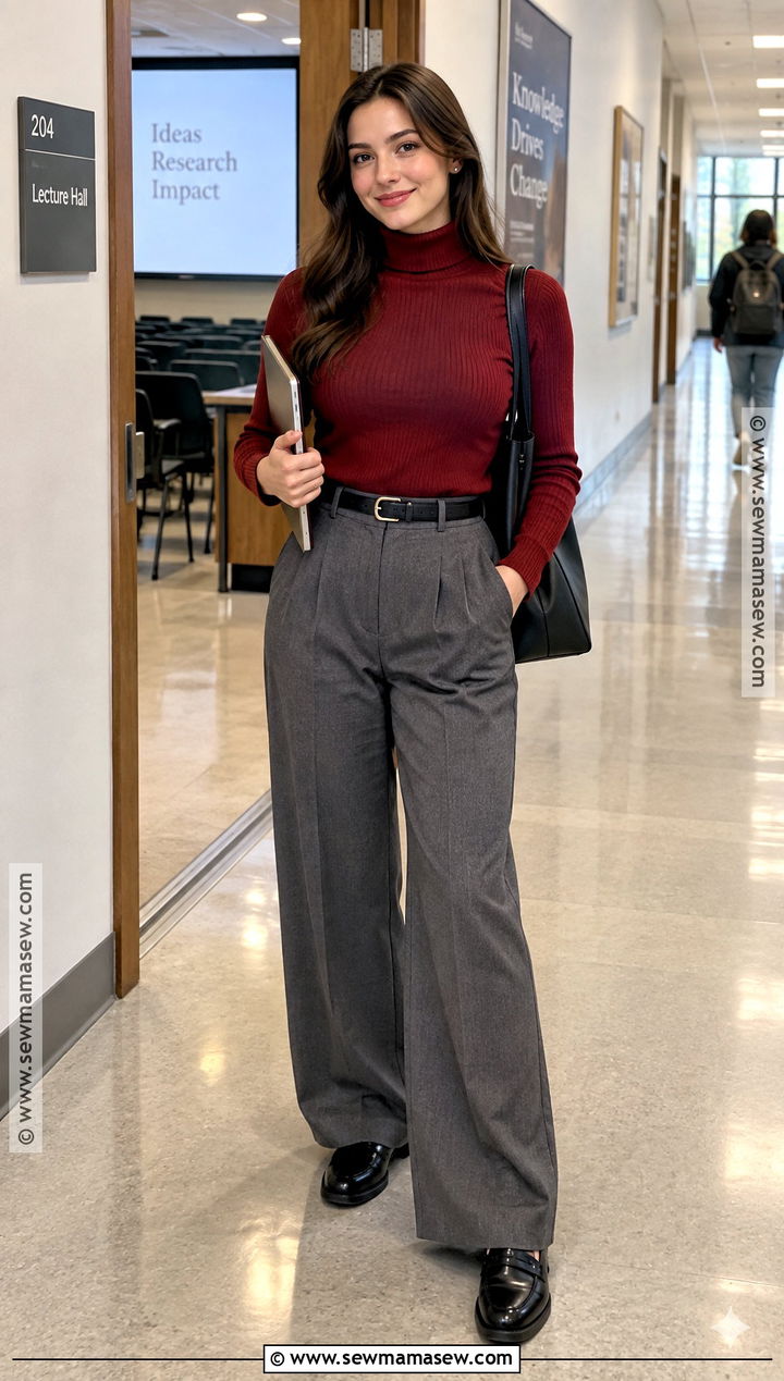 Red Turtleneck And Gray Trousers Outfit - 20 red back to school outfits