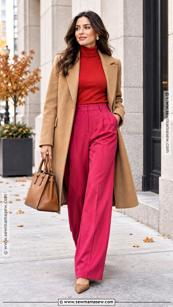 Red Turtleneck and Pink Trousers Outfit - 20 Bright Autumn Outfits