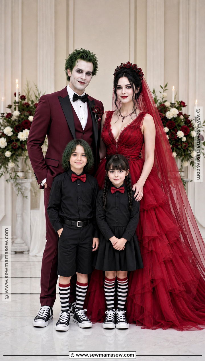 Red Tuxedo Beetlejuice And Wedding Lydia Family Costume - 30 beetlejuice family costume ideas