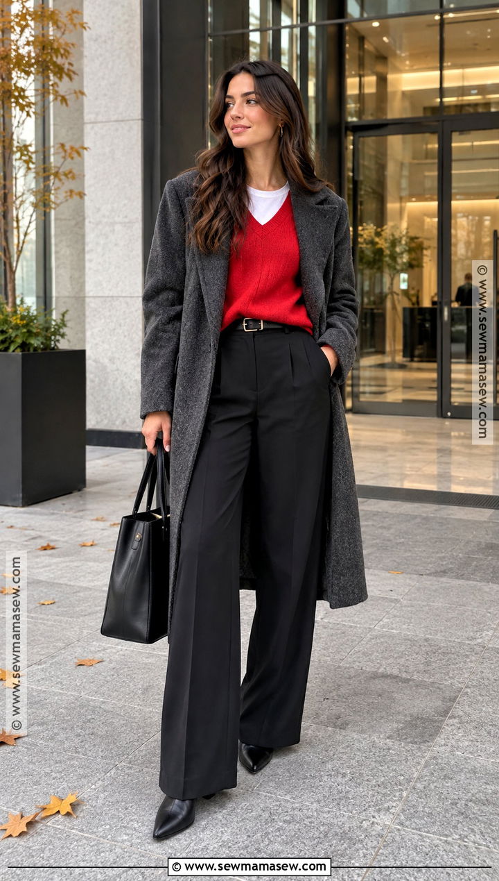 Red V Neck Sweater With Black Trousers - 15 fall fashion sweater style ideas