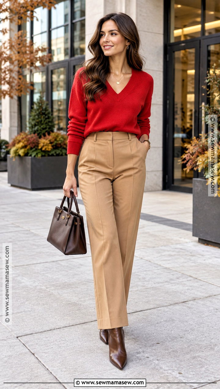 Red V Neck Sweater With Camel Pants - 15 Cute Fall Sweater Style Ideas