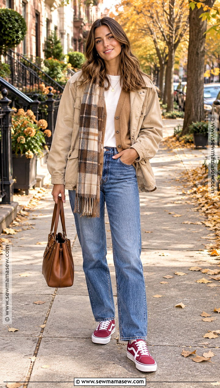 Red Vans With Neutral Autumn Layers - 15 Vans Autumn Outfit Ideas