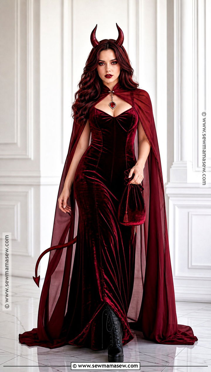 Red Velvet Devil Costume With Long Cape - 30 Red Devil Halloween Costume Ideas
