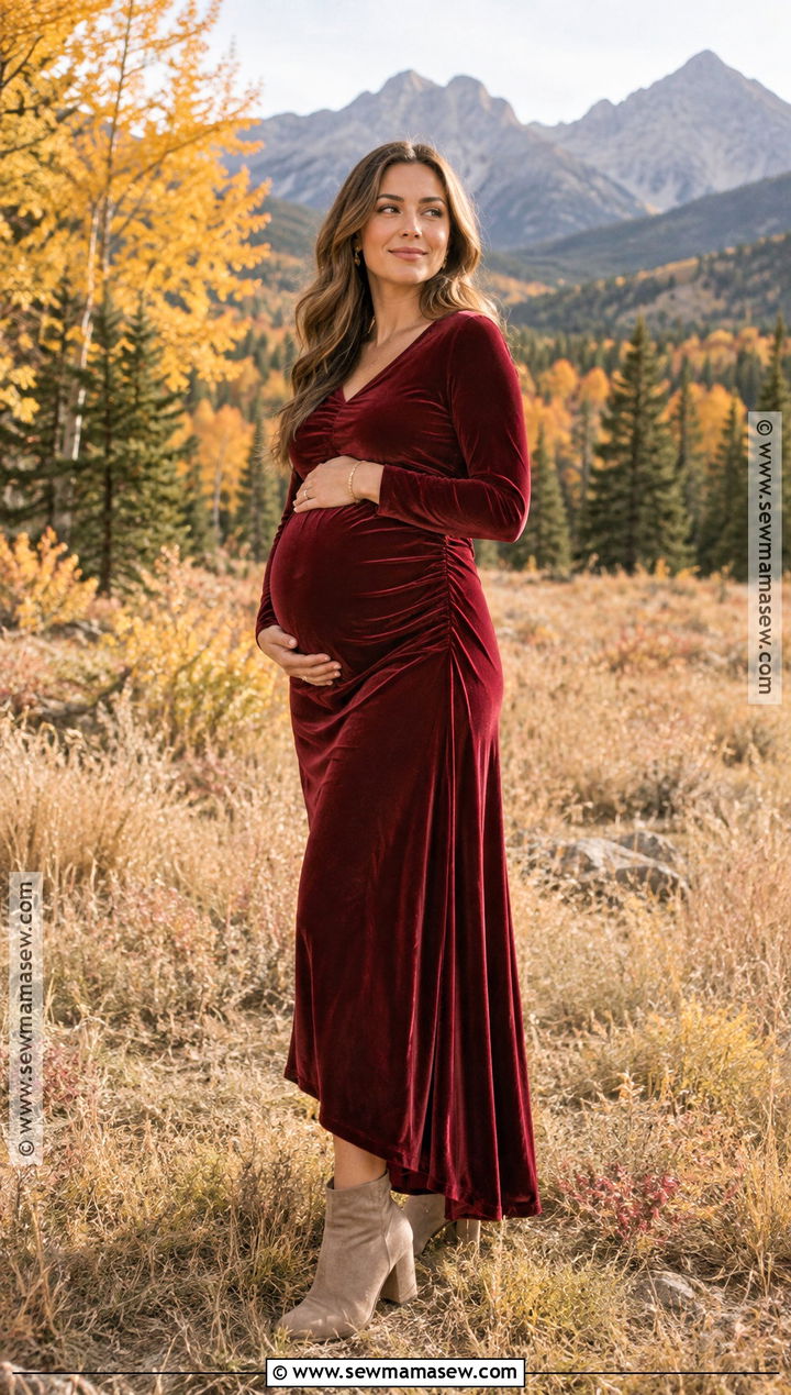 Red Velvet Maternity Dress With Ankle Boots - 15 fall maternity photos red dress ideas