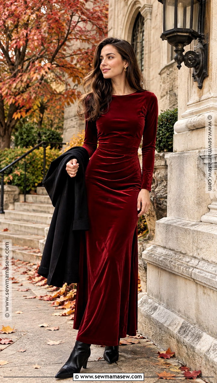 Red Velvet Maxi Dress With Ankle Boots - 15 red dress fall photoshoot ideas