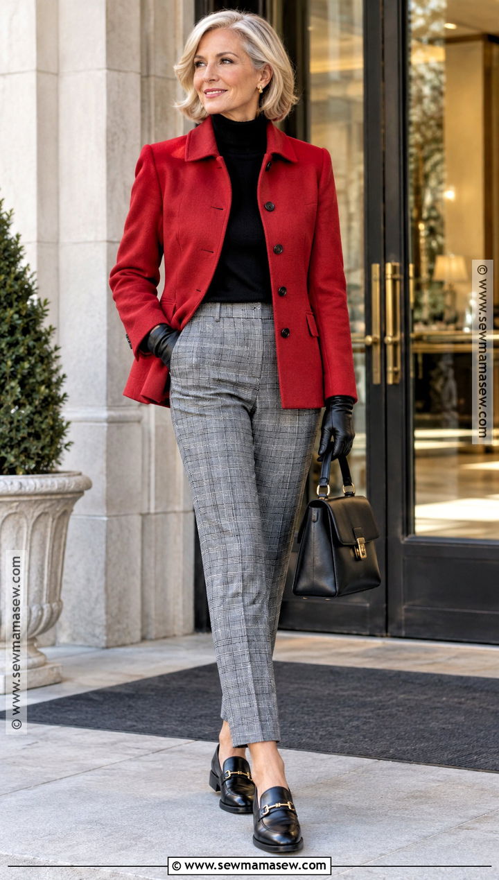 Red Wool Jacket With Plaid Trousers - 15 red fall jacket ideas