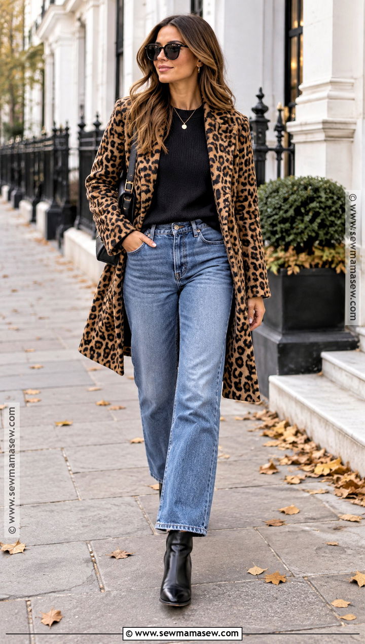 Relaxed Jeans With A Leopard Print Coat - 15 autumn jeans outfits 2026