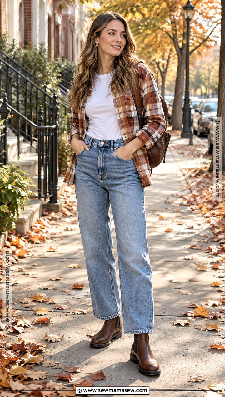 Relaxed Jeans With Flannel Shirt And Ankle Boots - 15 Comfy Jeans Outfit Fall