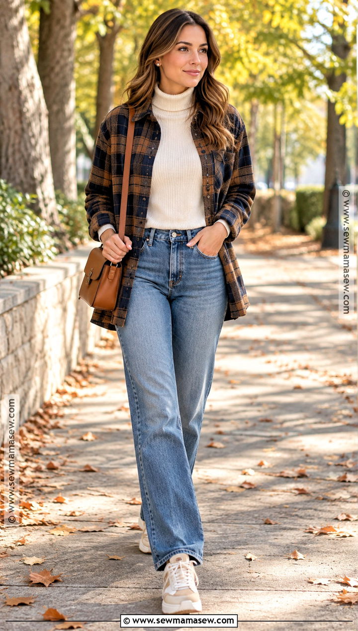 Relaxed Jeans With Plaid Overshirt And Sneakers - 15 fall jeans outfit 2026