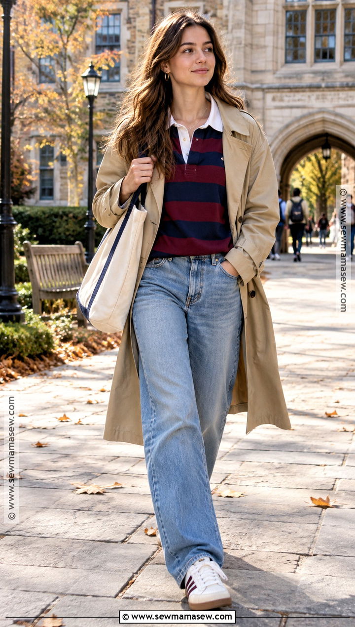 Relaxed Jeans With Rugby Shirt And Sneakers - 25 jeans outfit autumn