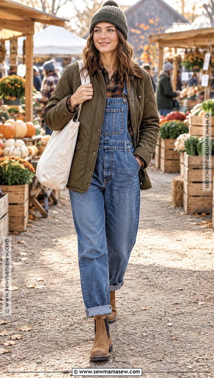 Relaxed Overall Outfit With Flannel Shirt - 20 overall outfit fall ideas