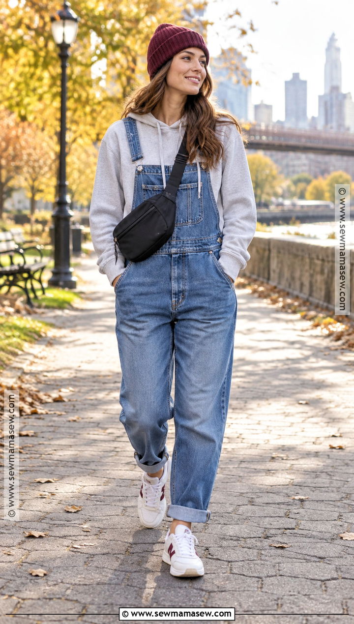 Relaxed Overalls With Hoodie And Retro Sneakers - 15 Cute Fall Outfits Overalls