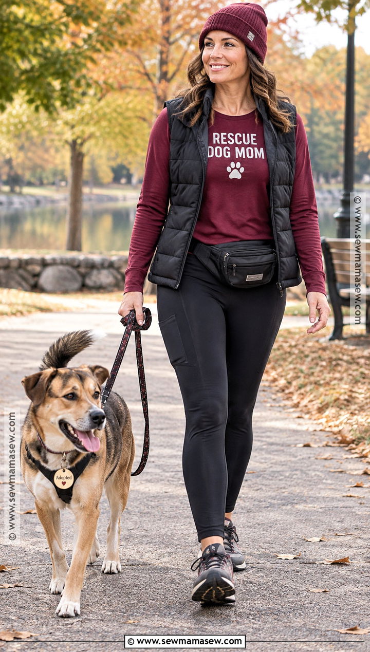 Rescue Dog Mom Shirt With Leggings And A Vest - 15 Fall Dog Mom Shirt Ideas