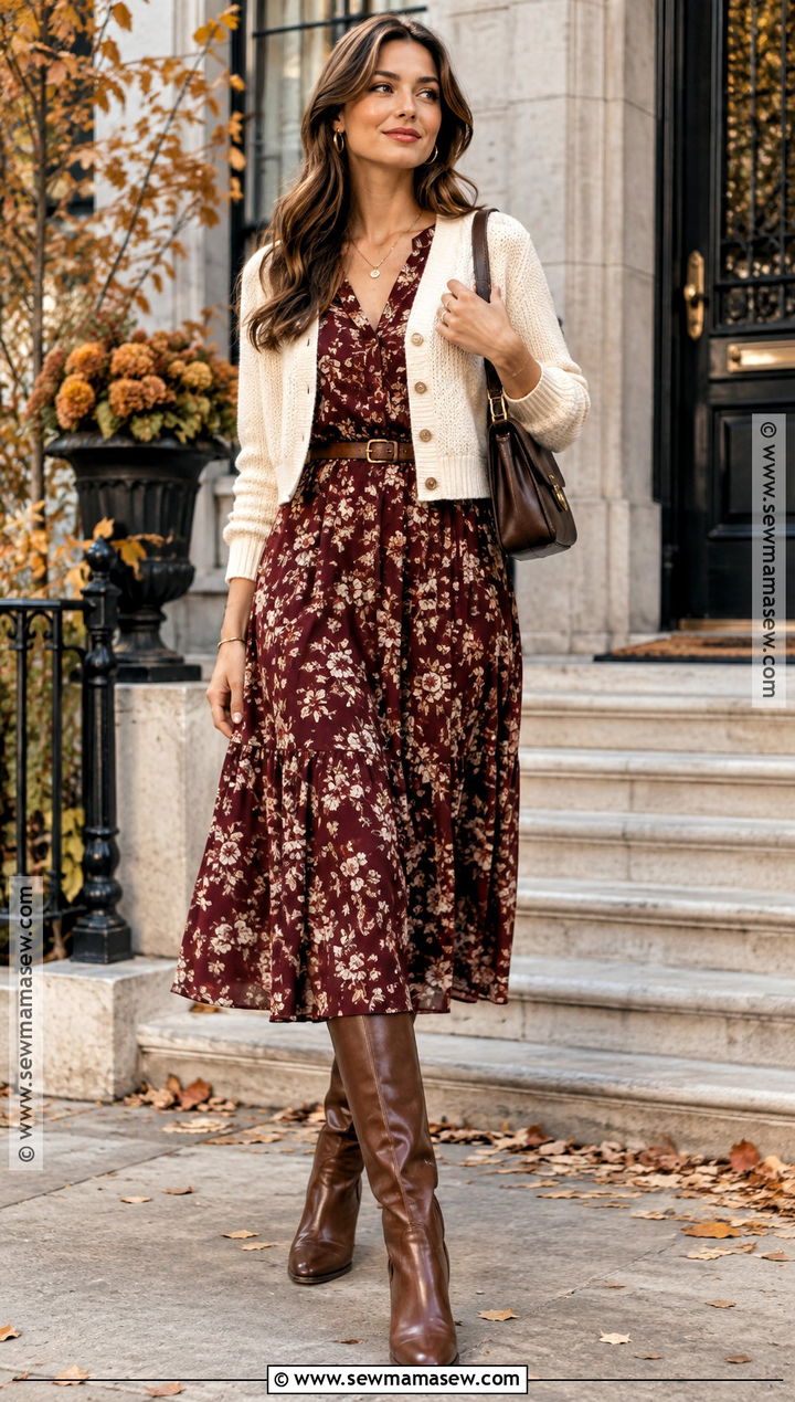 Retro Midi Dress And Knee High Boots Outfit - 15 Fall 2026 Fashion Trends Street Style