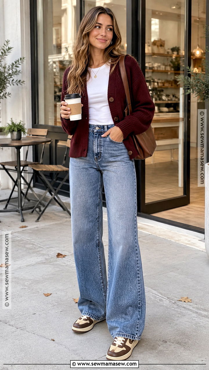 Retro Sneakers With Wide Leg Jeans And Cardigan - 15 Casual Fall Sneaker Outfits