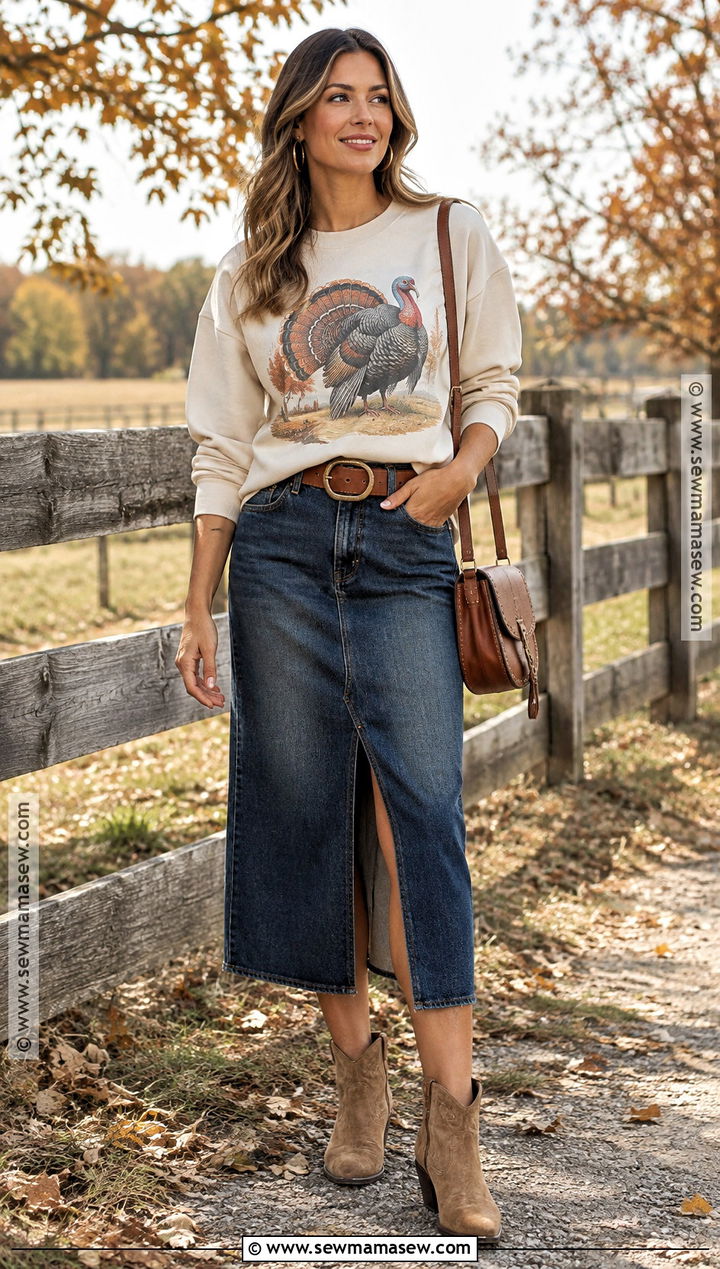 Retro Turkey Thanksgiving Sweatshirt With Denim Midi Skirt - 25 thanksgiving sweatshirt ideas
