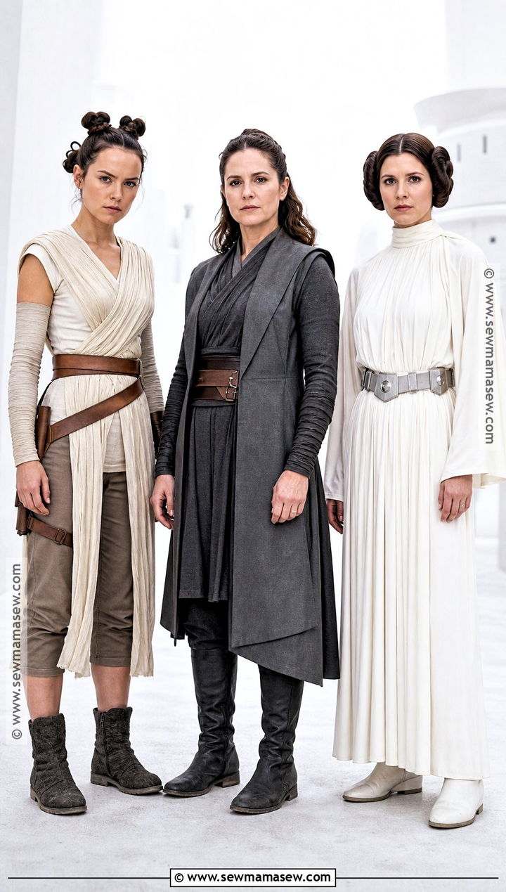 Rey Costume Group With Three Eras - 30 Rey Star Wars Costume Ideas