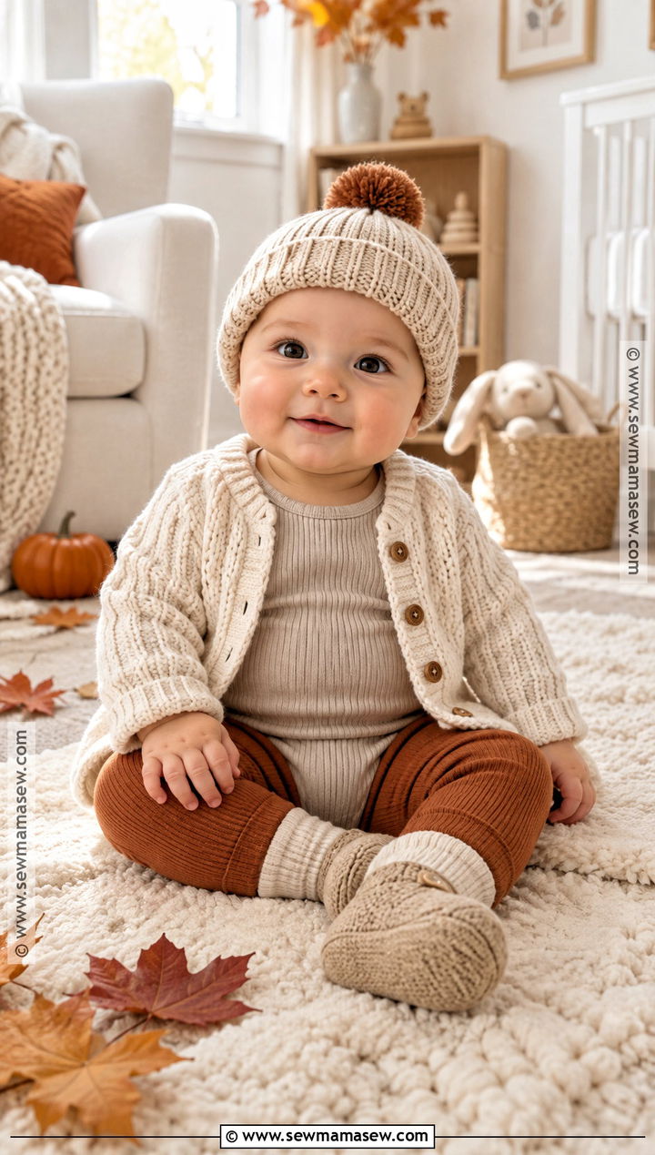 Ribbed Baby Bodysuit With Knit Cardigan And Leggings - 15 cozy fall baby outfit ideas
