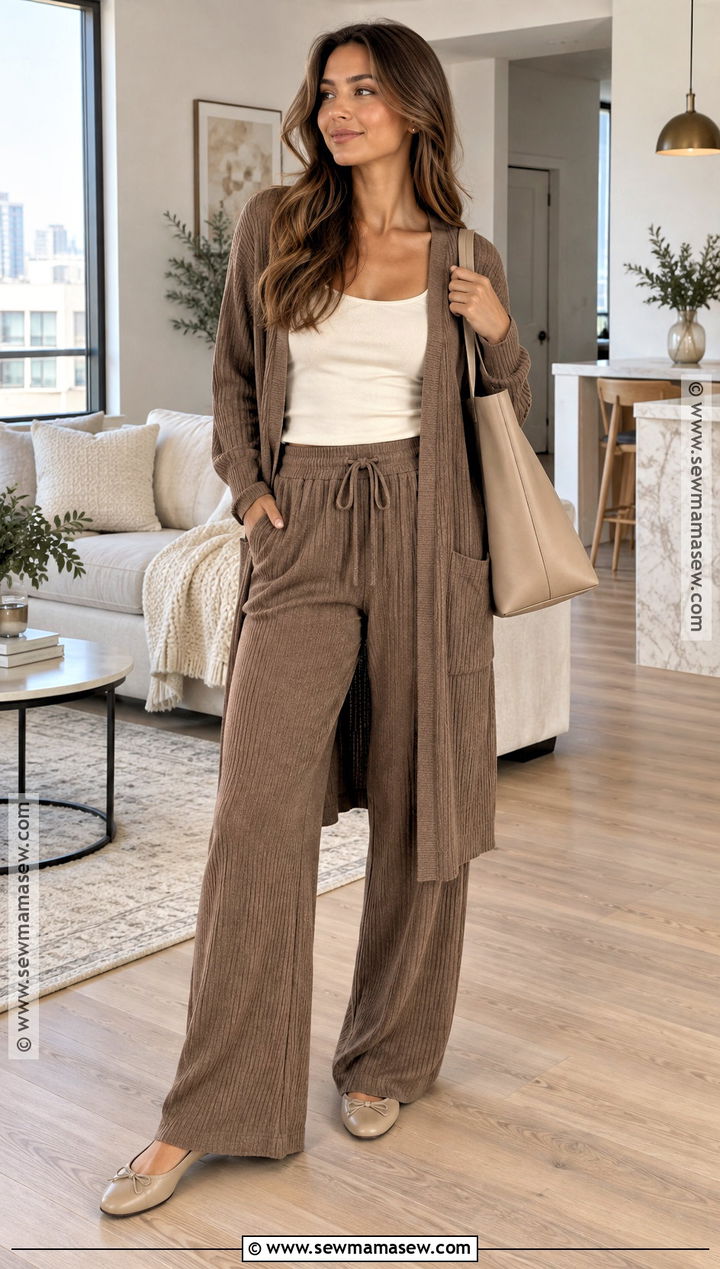 Ribbed Cardigan And Wide Leg Lounge Pants - 15 fall lounge outfits lazy days