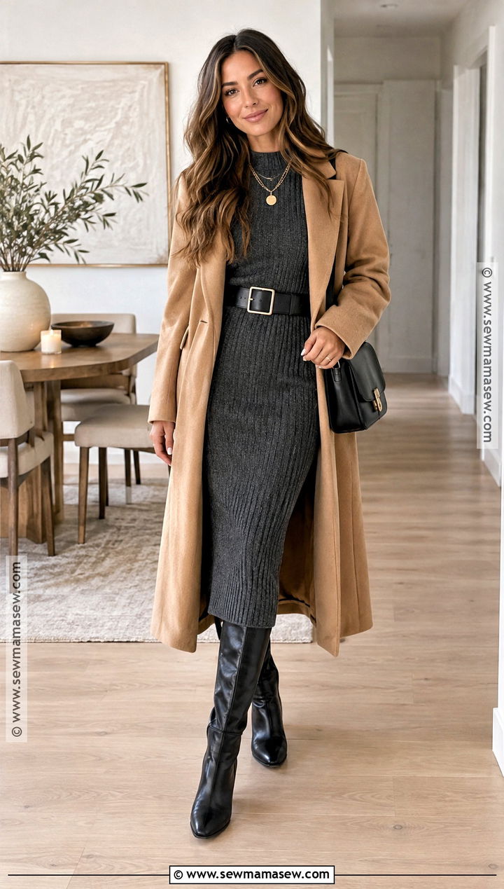 Ribbed Knit Dress And Statement Belt Outfit - 20 Party Autumn Outfit Ideas