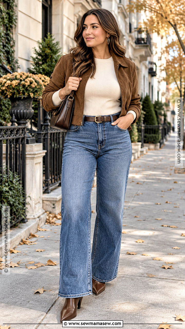 Ribbed Long Sleeve Fall Outfit With Wide Leg Jeans - 20 Long Sleeve Fall Outfits