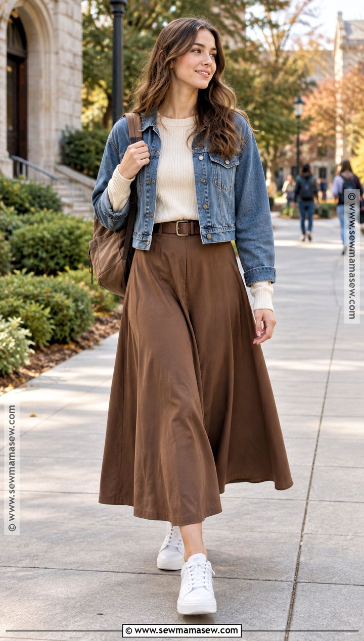 Ribbed Long Sleeve Top With Maxi Skirt And Sneakers - 20 basic back to school outfits