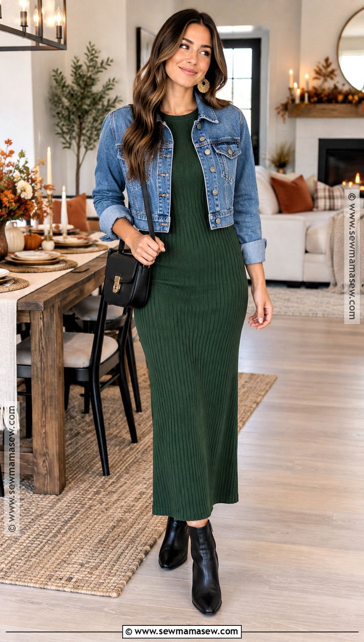 Ribbed Maxi Dress And Denim Jacket Friendsgiving Outfit - 25 friendsgiving outfits
