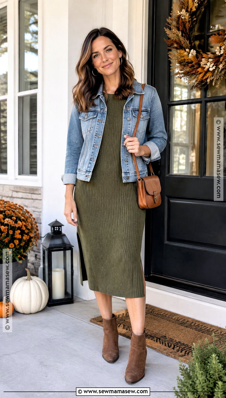 Ribbed Midi Dress And Denim Jacket Thanksgiving Outfit - 25 Comfy Thanksgiving Outfit Ideas
