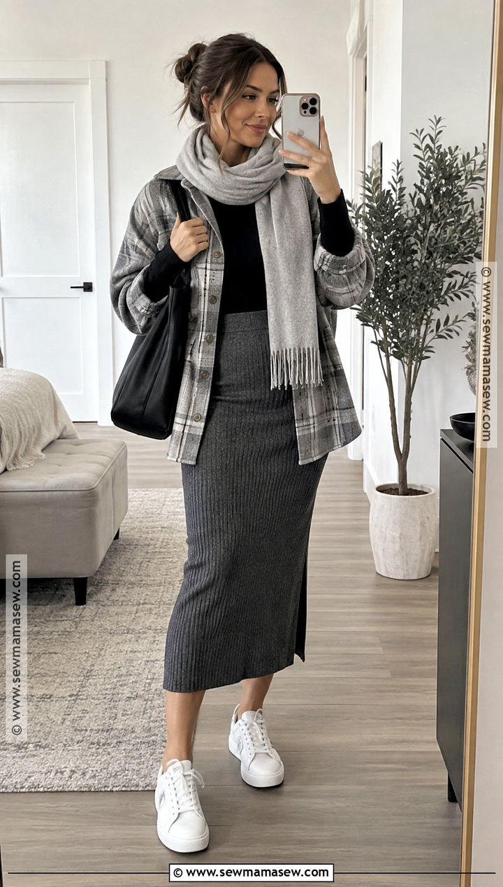 Ribbed Midi Skirt With Shacket And Sneakers - 20 Midi Skirt Fall Ideas
