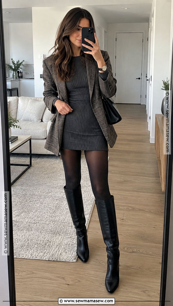 Ribbed Mini Dress With Oversized Blazer - 25 fall dress ideas