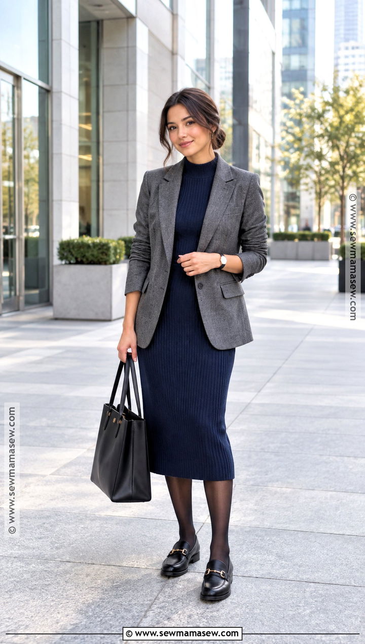 Ribbed Sweater Dress With Blazer And Loafers - 15 cozy fall sweater dress ideas