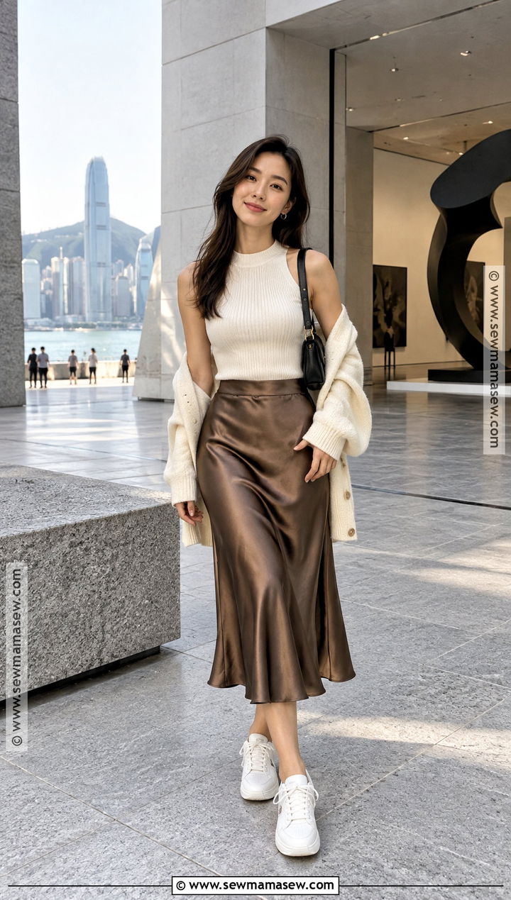 Ribbed Tank And Satin Midi Skirt Outfit - 15 autumn outfits in hongkong