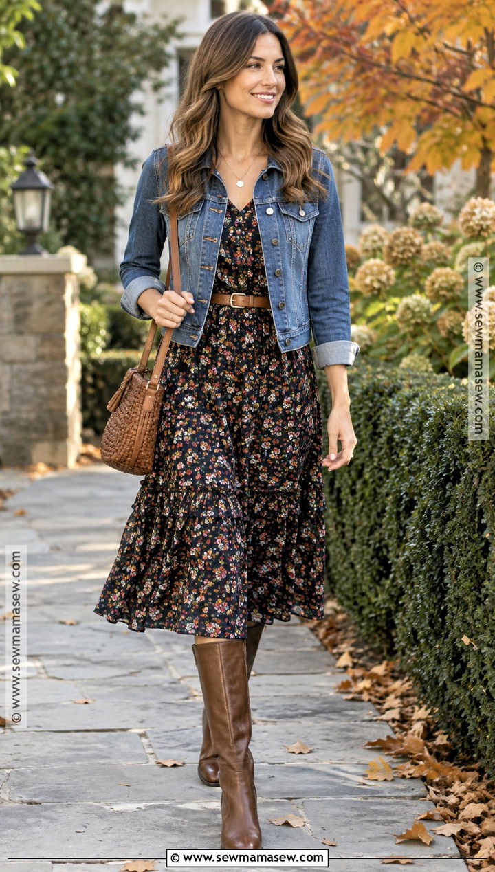 Riding Boots With Floral Midi Dress - 20 riding boots outfit fall