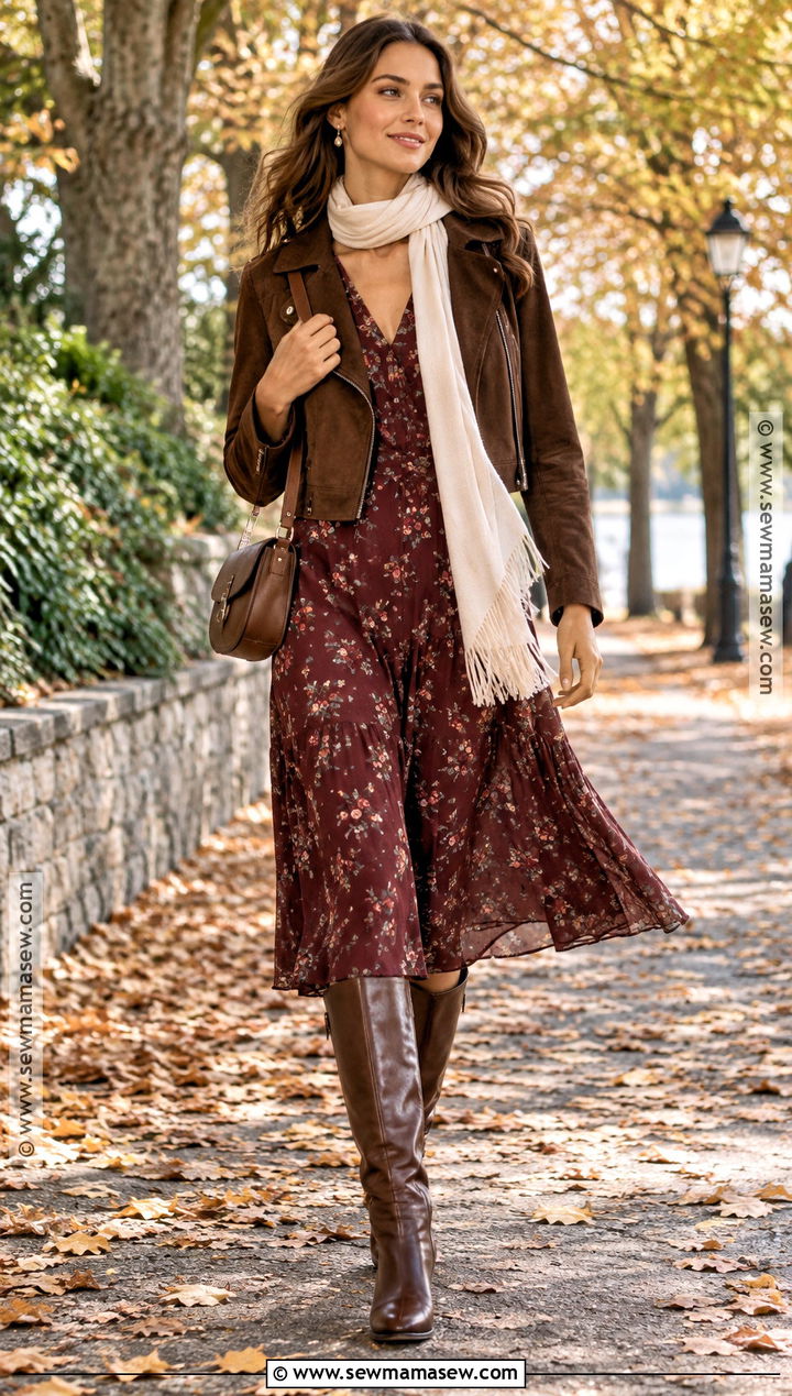 Riding Boots With Flowy Dress And Suede Jacket - 15 Fall Outfits Riding Boots