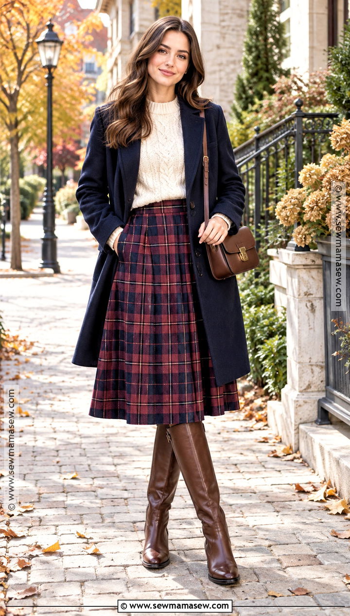 Riding Boots With Plaid Skirt And Cable Knit Sweater - 15 Fall Outfits Riding Boots