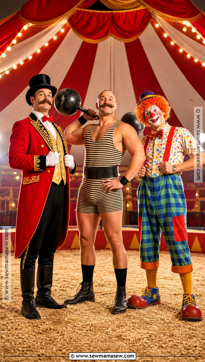 Ringmaster Strongman And Clown Circus Trio Costume - 30 Trio Halloween Costumes for Men