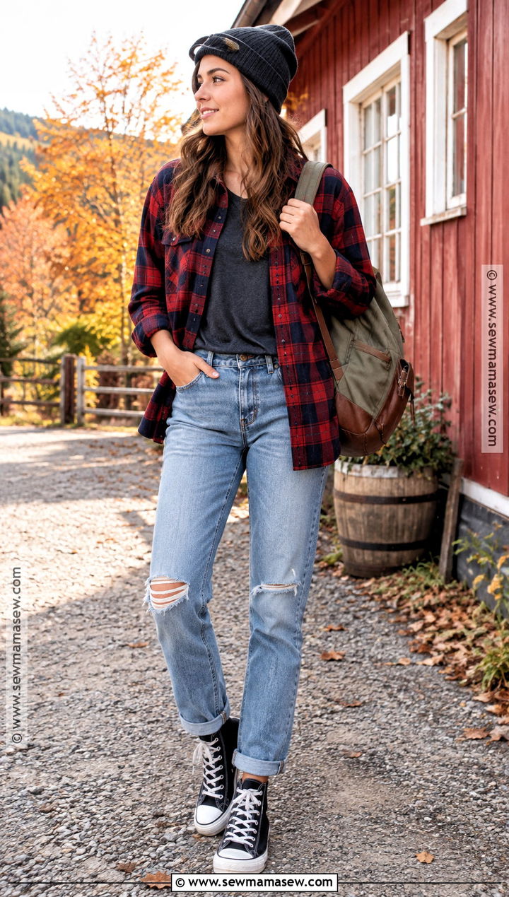 Ripped Jeans And High Top Sneakers With A Flannel Shirt - 15 Fall Outfits Jeans And Sneakers