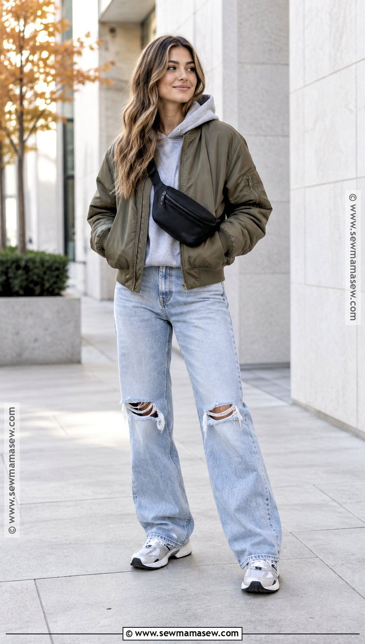 Ripped Jeans With Bomber Jacket And Hoodie - 15 Fall Outfits With Ripped Jeans