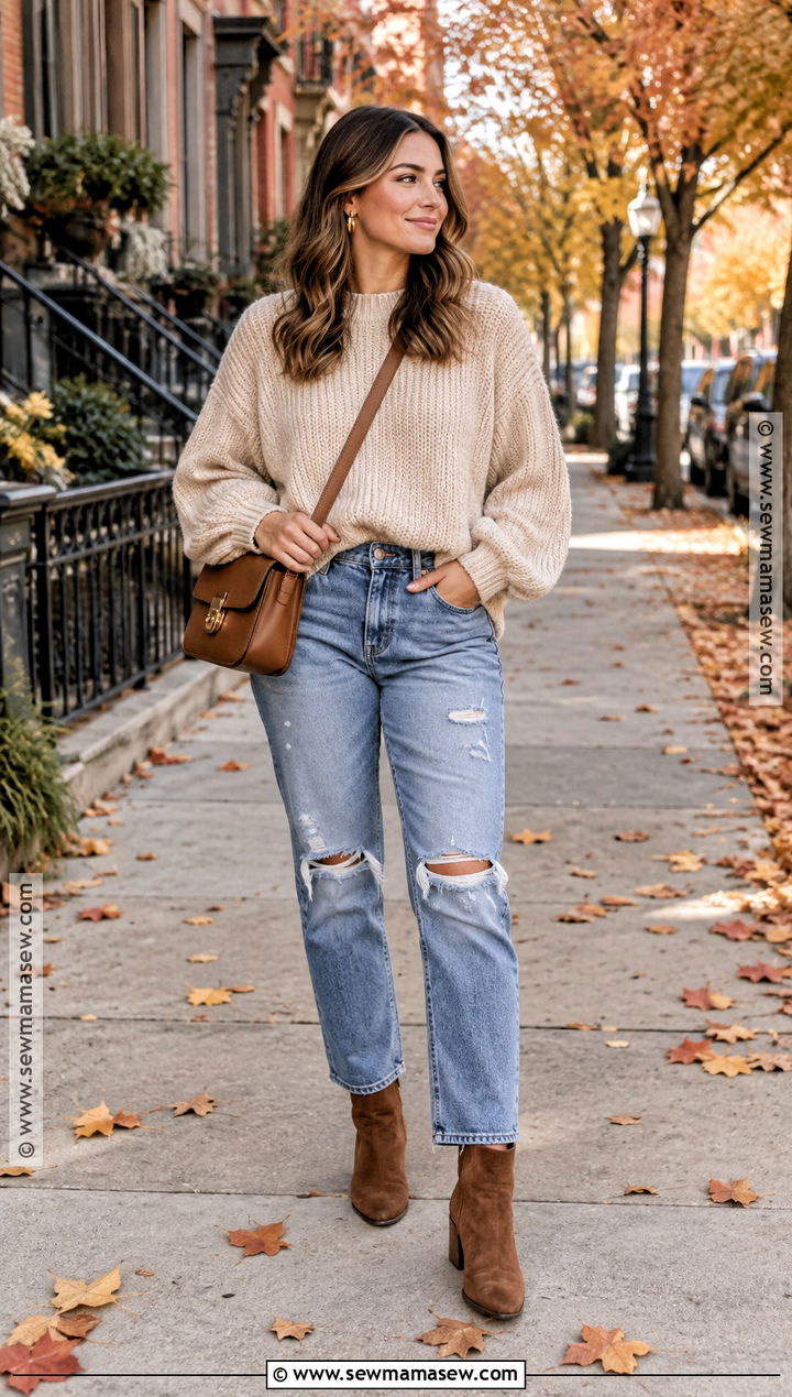 Ripped Jeans With Chunky Sweater And Ankle Boots - 15 Fall Outfits With Ripped Jeans