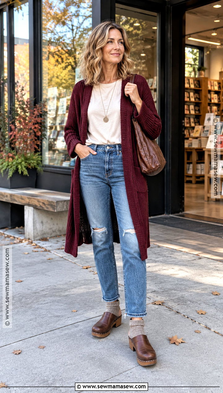 Ripped Jeans With Long Cardigan And Clogs - 15 Fall Outfits With Ripped Jeans