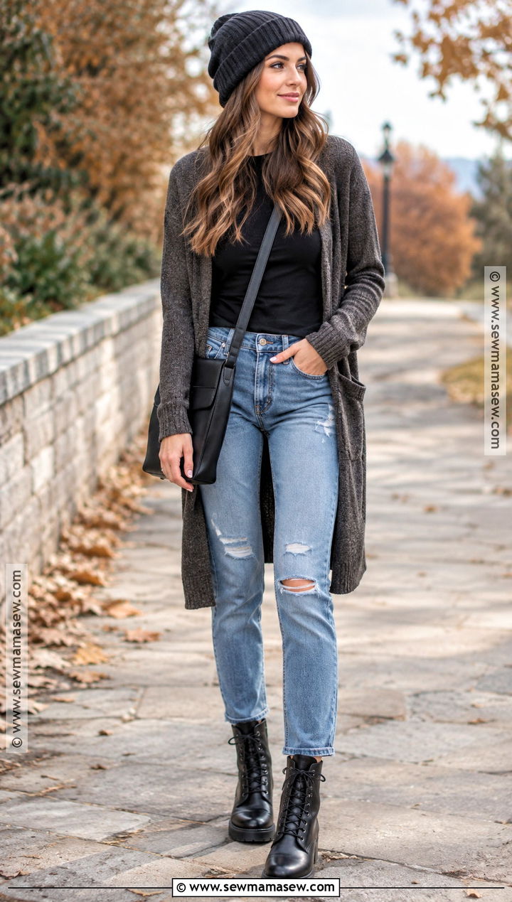 Ripped Jeans With Long Cardigan And Combat Boots - 25 jeans fall outfit