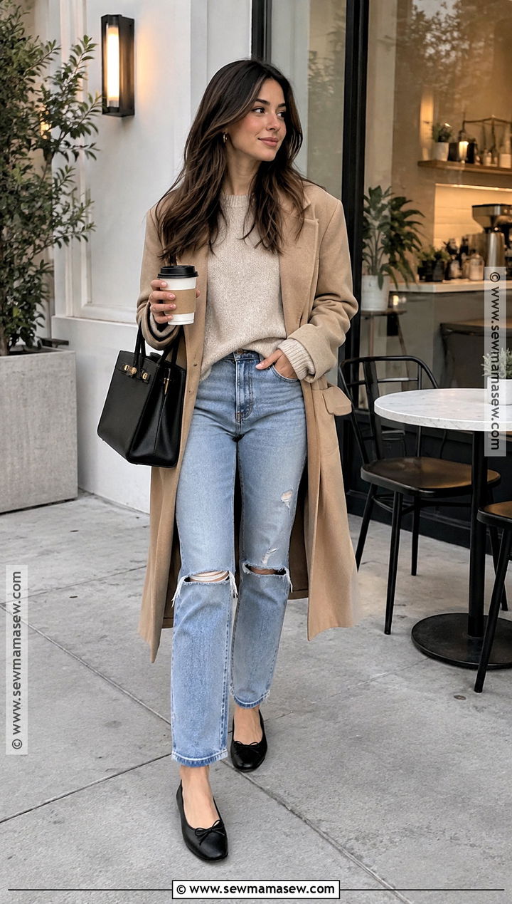 Ripped Jeans With Oversized Sweater And Ballet Flats - 15 Jean Pants Outfits Fall