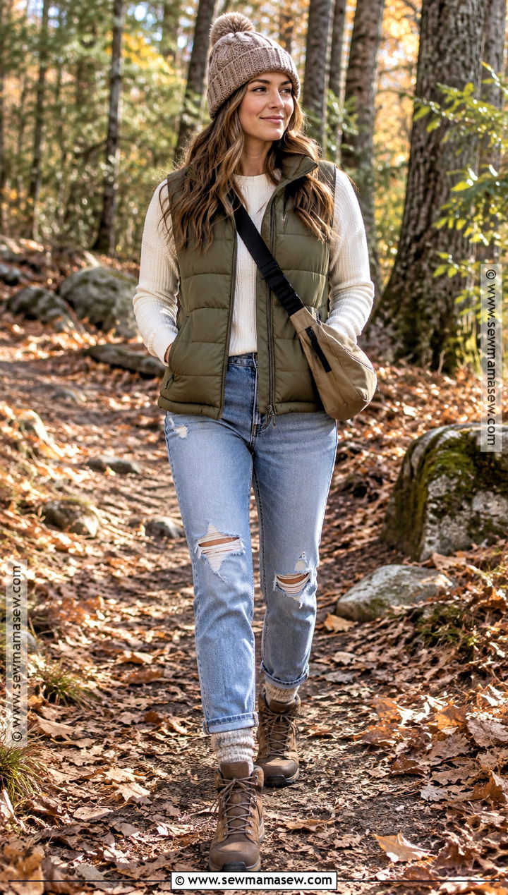 Ripped Jeans With Puffer Vest And Hiking Boots - 20 ripped jeans outfit fall