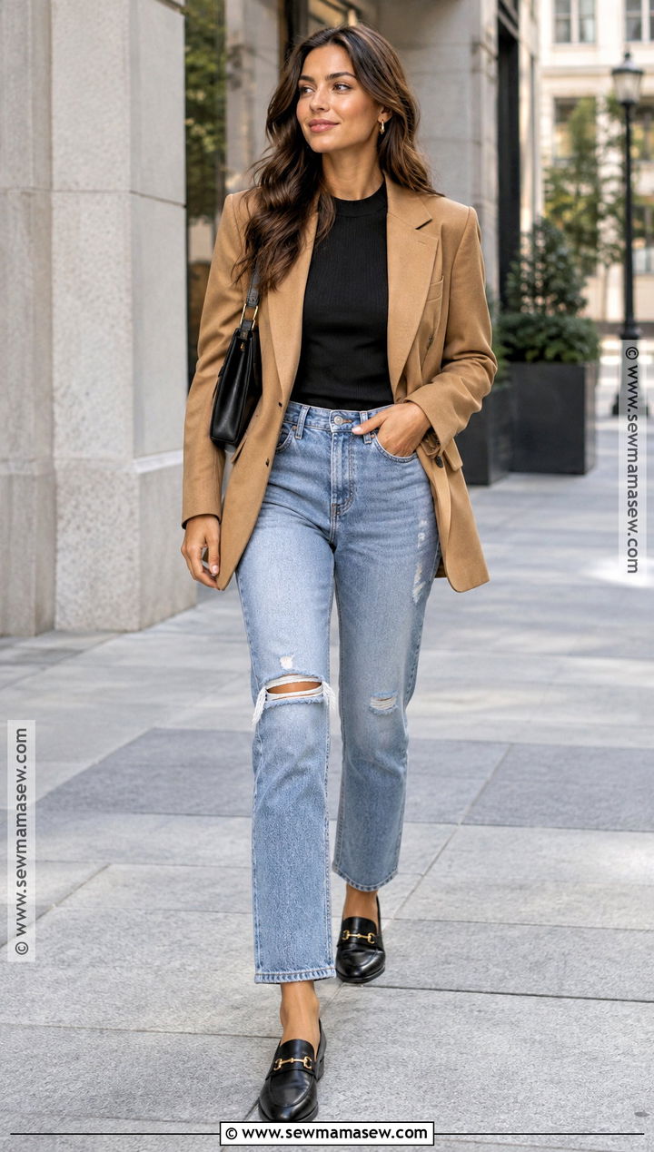 Ripped Jeans With Tailored Blazer - 20 jean outfits fall