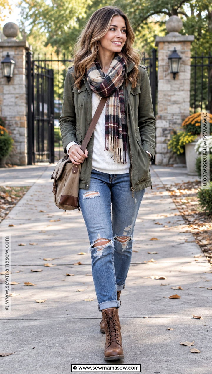 Ripped Jeans With Utility Jacket And Lace Up Boots - 20 ripped jeans outfit fall