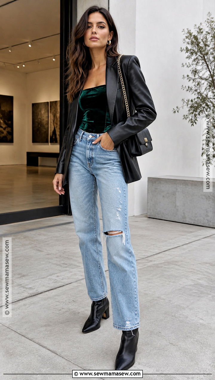 Ripped Jeans With Velvet Top And Leather Blazer - 15 jeans going out outfit fall
